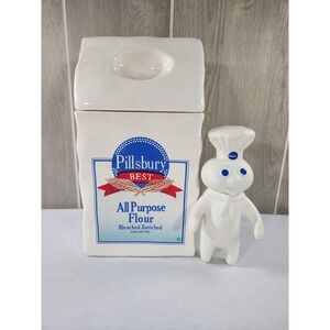 Vintage 1988 Pillsbury Flour Canister Recipe Bag Cookie Jar w/ 1971 Doughboy Set